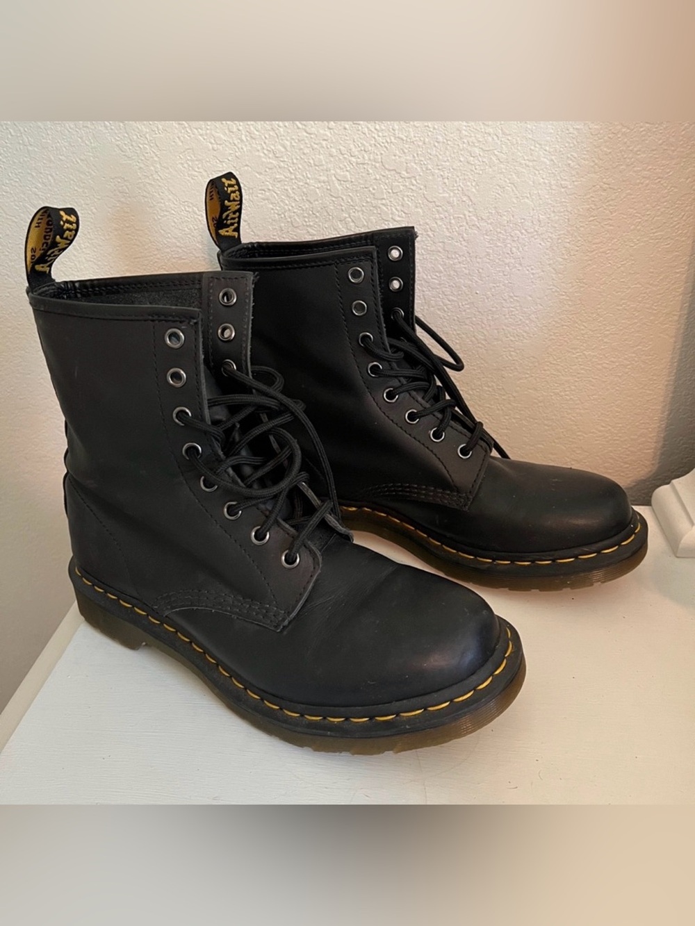 Dr. Martens Classic Black Leather Lace Up Boots with Yellow Stitching size 9